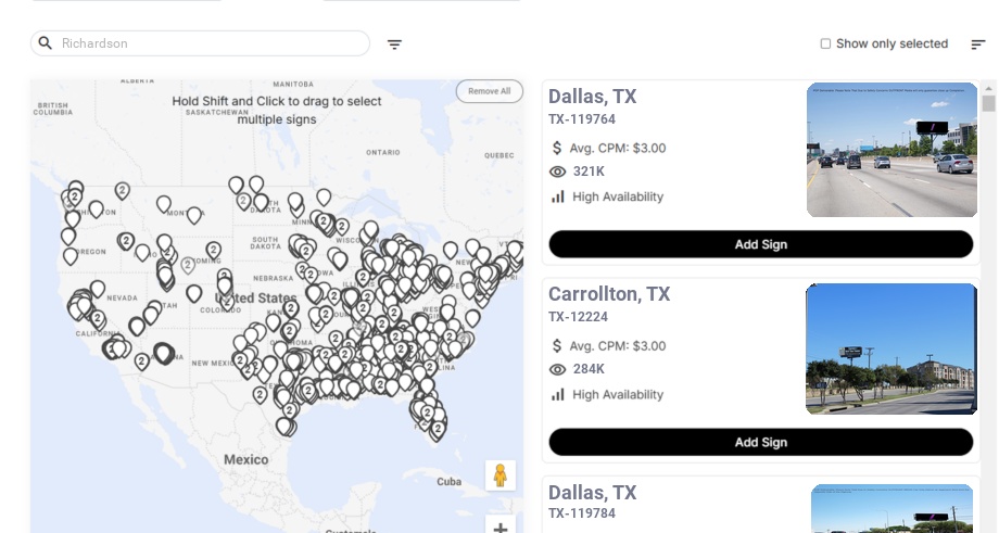 Billboard advertising in Richardson Tx, Texas - Choose your favorite location