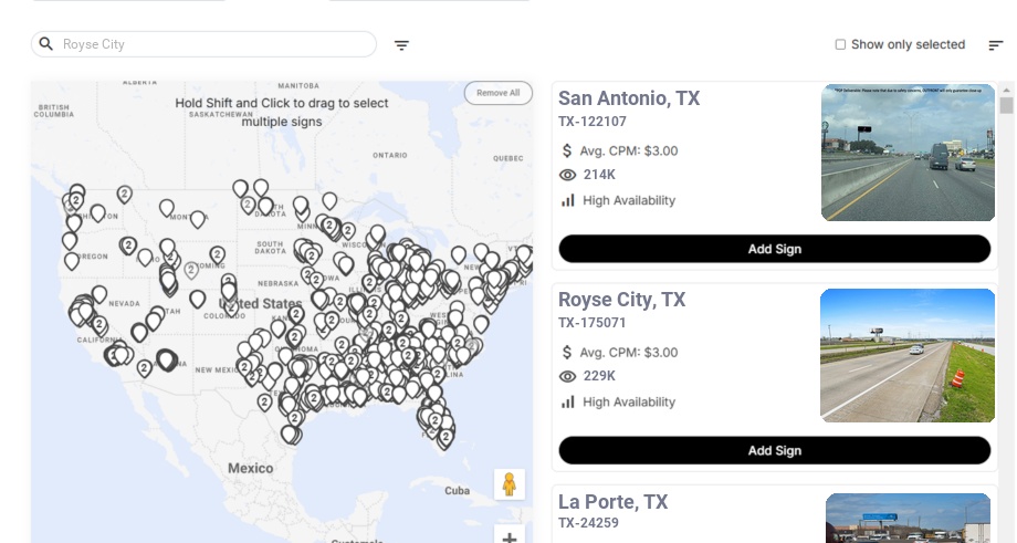 Billboard advertising in Royse City, Texas - Choose your favorite location