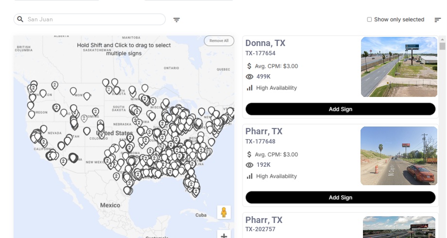Billboard advertising in San Juan Tx, Texas - Choose your favorite location