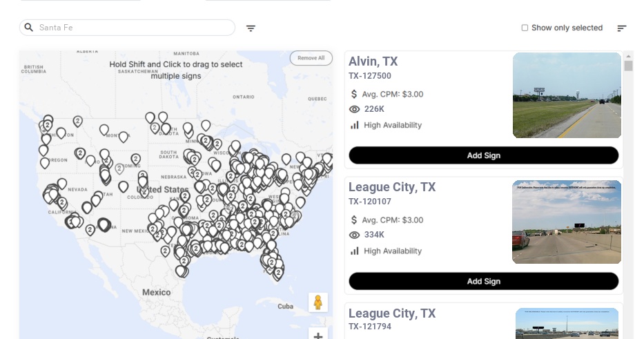 Billboard advertising in Santa Fe Tx, Texas - Choose your favorite location