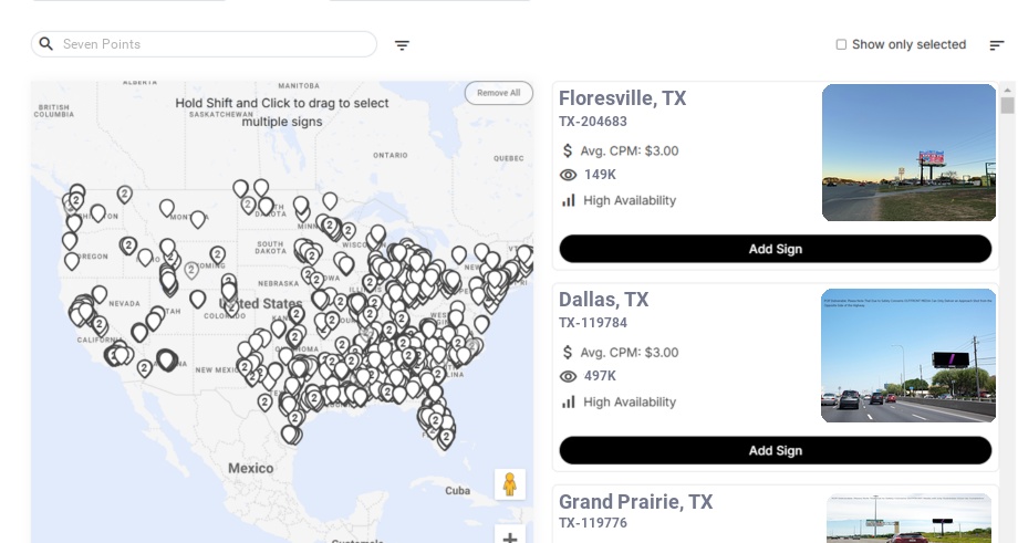 Billboard advertising in Seven Points Tx, Texas - Choose your favorite location