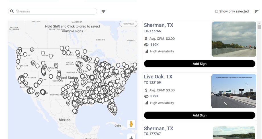 Billboard advertising in Sherman Tx, Texas - Choose your favorite location