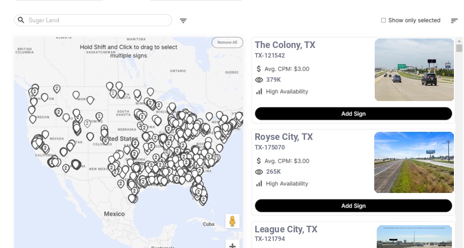 Billboard advertising in Sugar Land Tx, Texas - Choose your favorite location