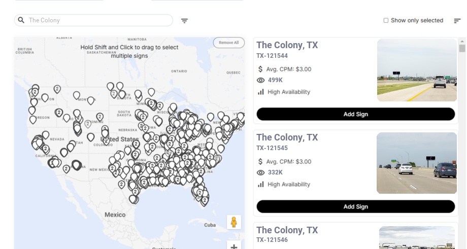 Billboard advertising in The Colony Tx, Texas - Choose your favorite location