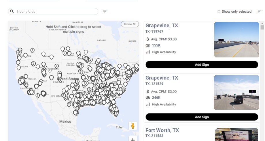 Billboard advertising in Trophy Club Tx, Texas - Choose your favorite location