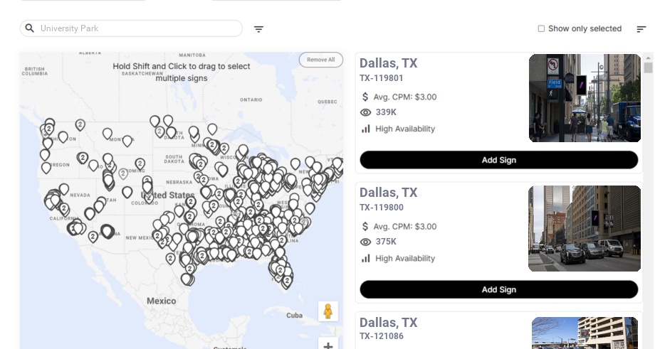 Billboard advertising in University Park Tx, Texas - Choose your favorite location