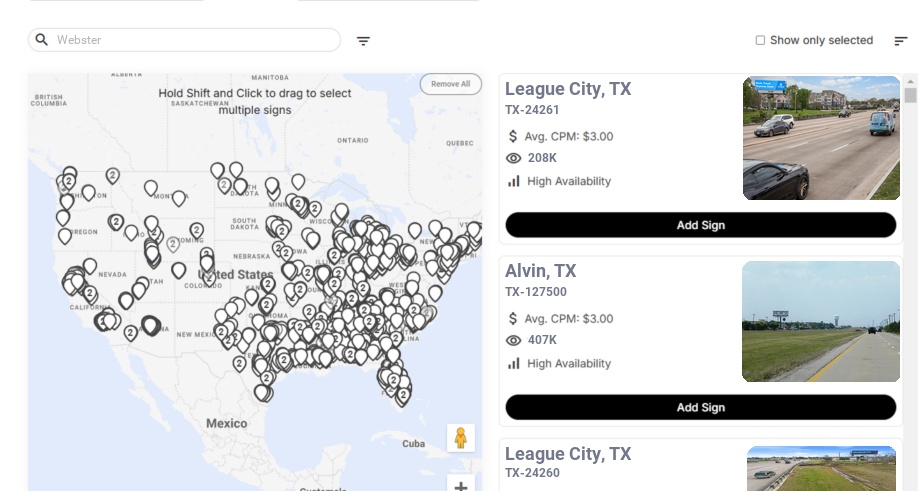 Billboard advertising in Webster Tx, Texas - Choose your favorite location
