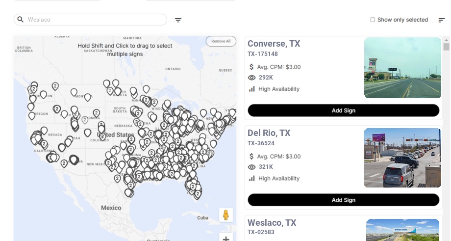 Billboard advertising in Weslaco Tx, Texas - Choose your favorite location