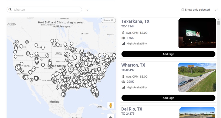 Billboard advertising in Wharton Tx, Texas - Choose your favorite location