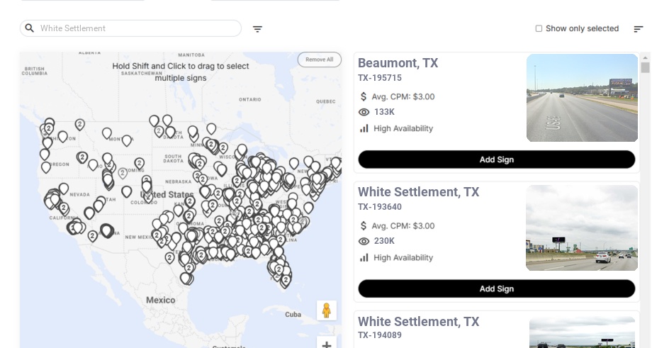 Billboard advertising in White Settlement Tx, Texas - Choose your favorite location