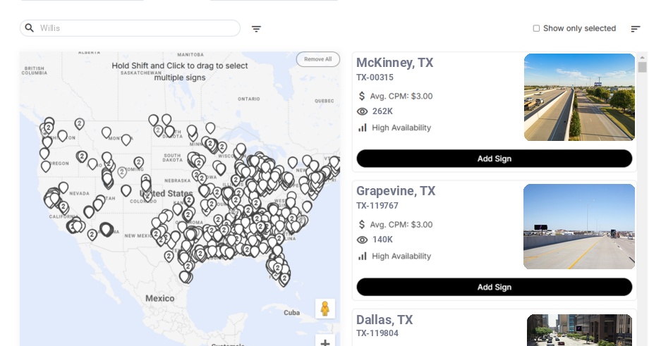 Billboard advertising in Willis, Texas - Choose your favorite location