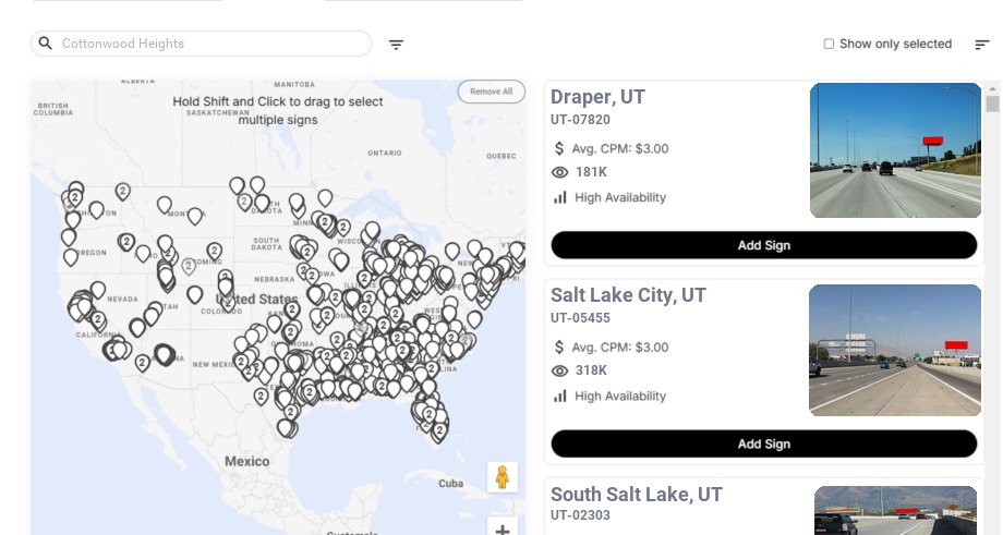 Billboard advertising in Cottonwood Heights Ut, Utah - Choose your favorite location