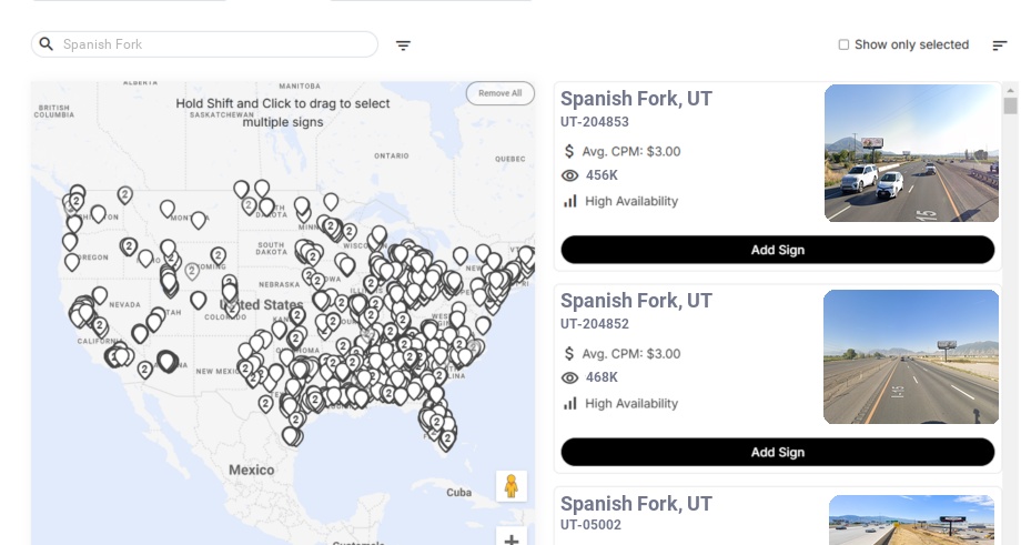 Billboard advertising in Spanish Fork Ut, Utah - Choose your favorite location