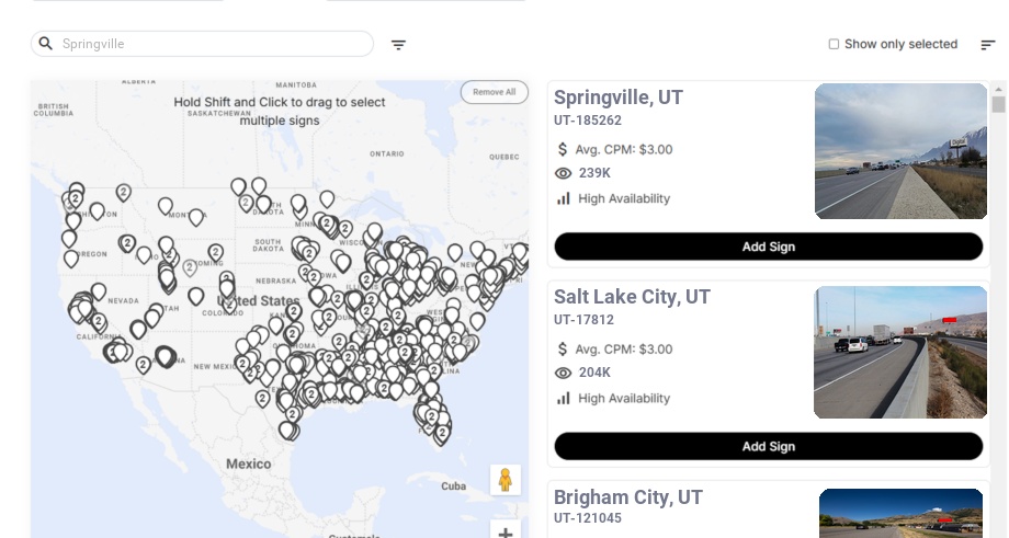 Billboard advertising in Springville, Utah - Choose your favorite location