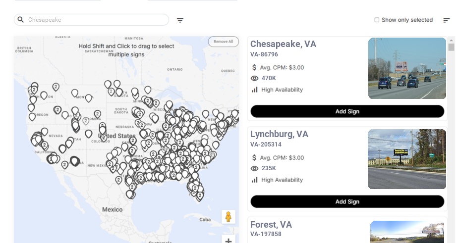 Billboard advertising in Chesapeake, Virginia - Choose your favorite location