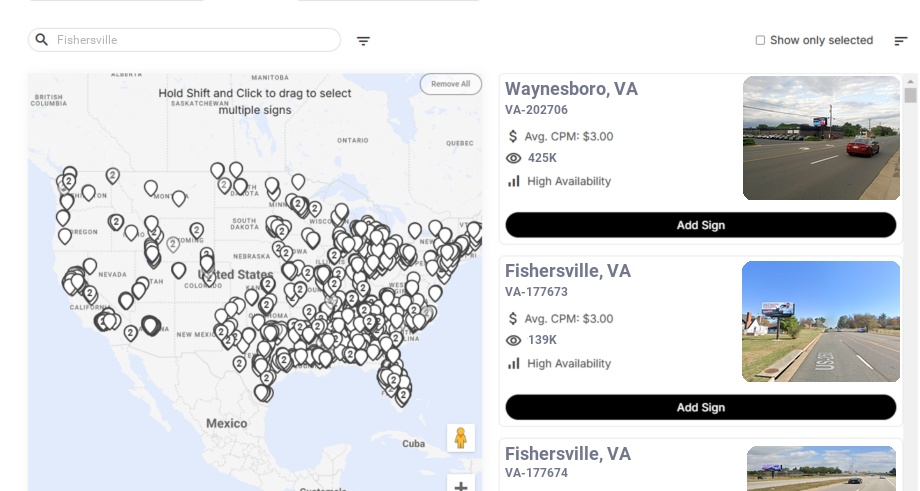 Billboard advertising in Fishersville, Virginia - Choose your favorite location