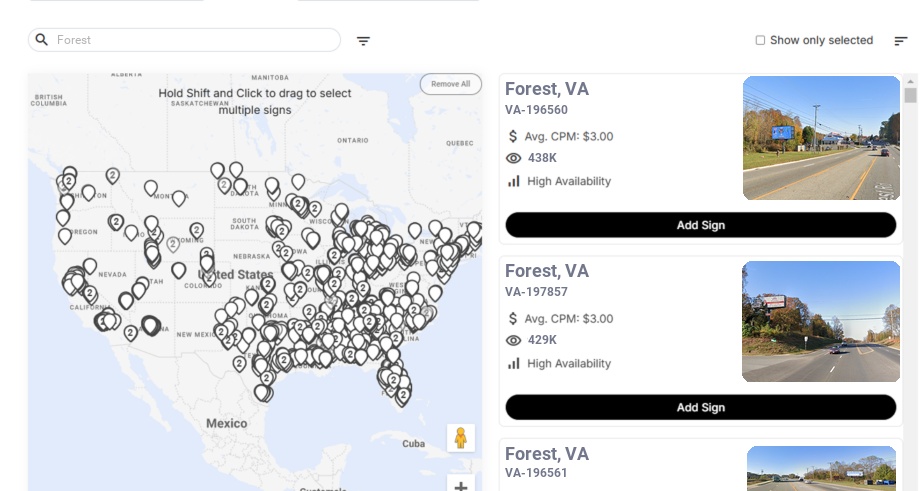 Billboard advertising in Forest Va, Virginia - Choose your favorite location
