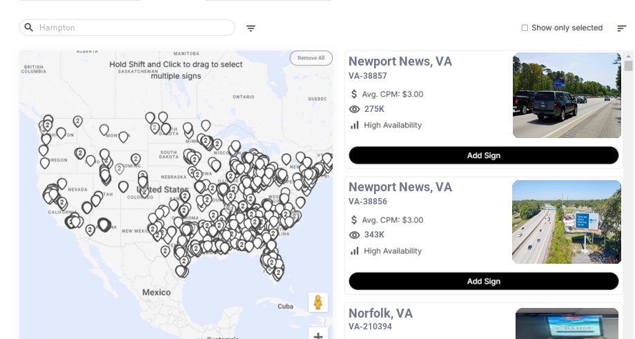Billboard advertising in Hampton Va, Virginia - Choose your favorite location