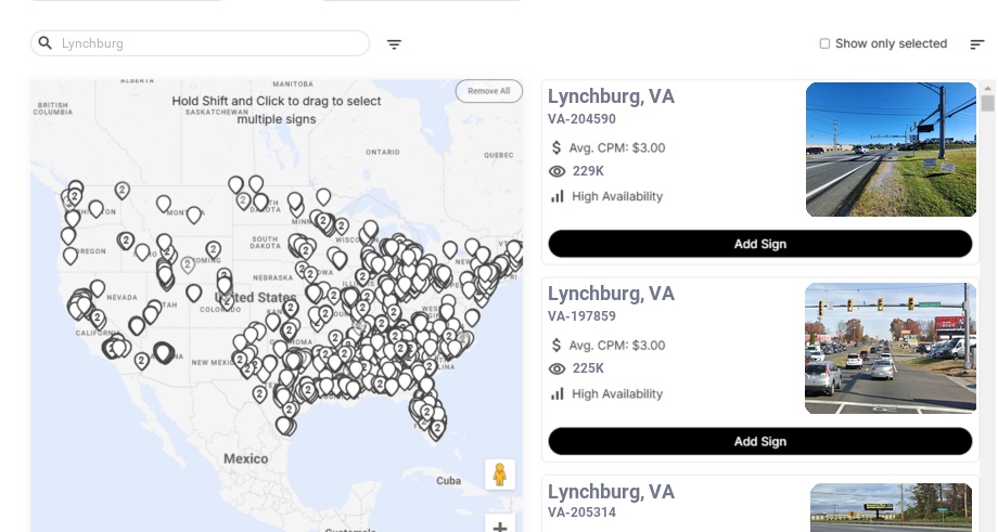 Billboard advertising in Lynchburg, Virginia - Choose your favorite location