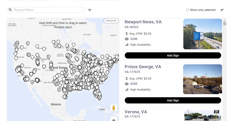 Billboard advertising in Newport News Va, Virginia - Choose your favorite location