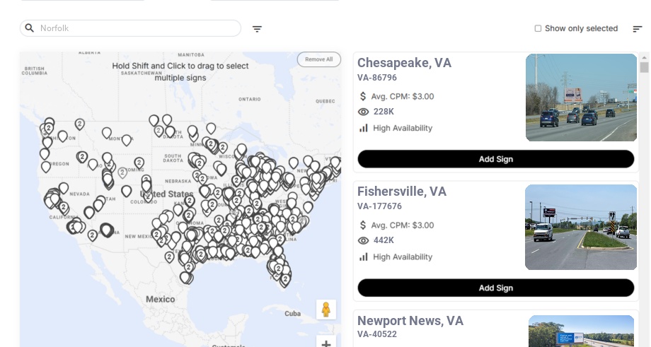 Billboard advertising in Norfolk, Virginia - Choose your favorite location