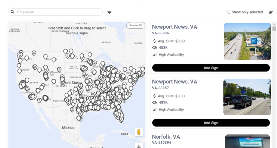 Billboard advertising in Poquoson Va, Virginia - Choose your favorite location