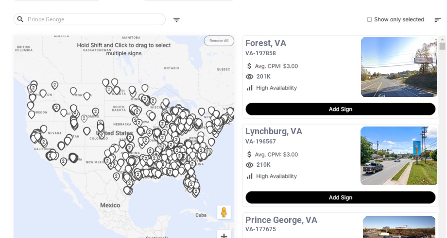 Billboard advertising in Prince George Va, Virginia - Choose your favorite location