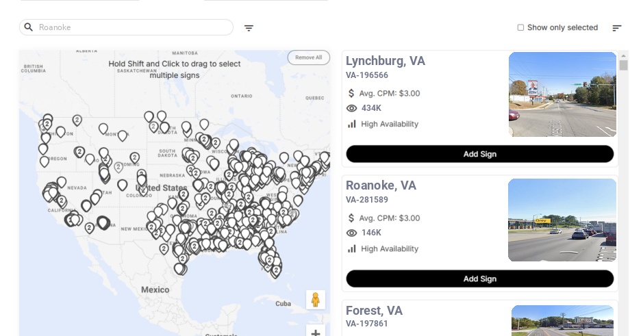 Billboard advertising in Roanoke Va, Virginia - Choose your favorite location
