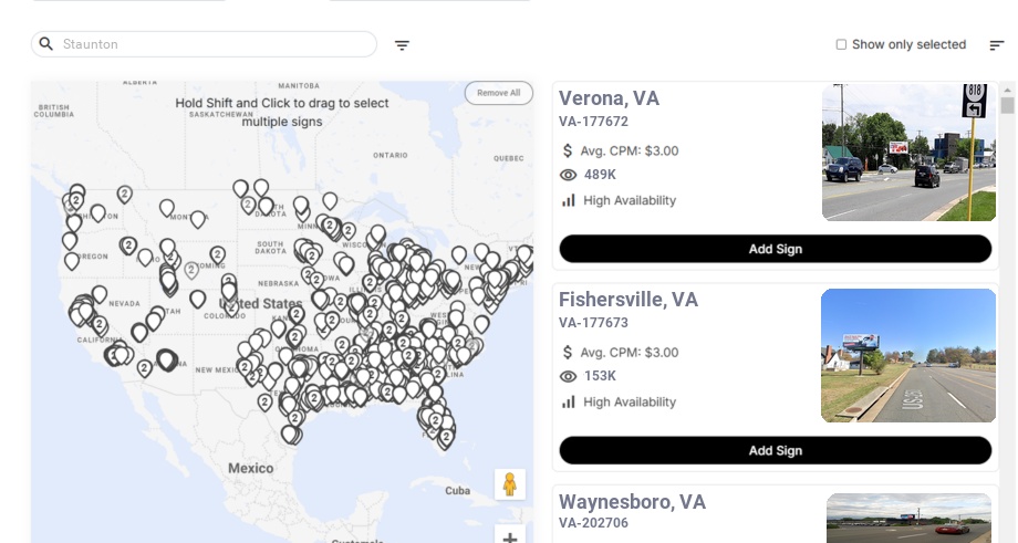 Billboard advertising in Staunton Va, Virginia - Choose your favorite location