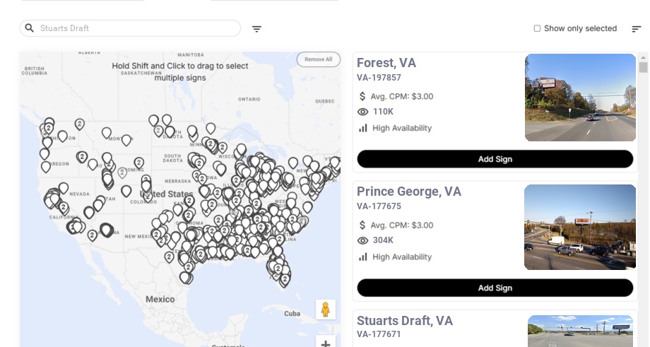Billboard advertising in Stuarts Draft Va, Virginia - Choose your favorite location