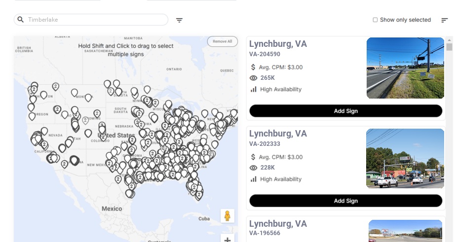 Billboard advertising in Timberlake Va, Virginia - Choose your favorite location