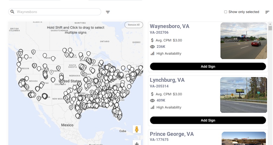 Billboard advertising in Waynesboro Va, Virginia - Choose your favorite location