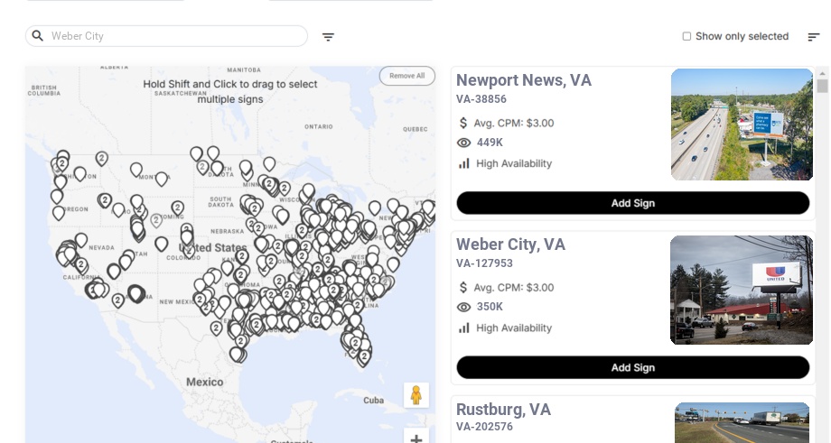 Billboard advertising in Weber City, Virginia - Choose your favorite location