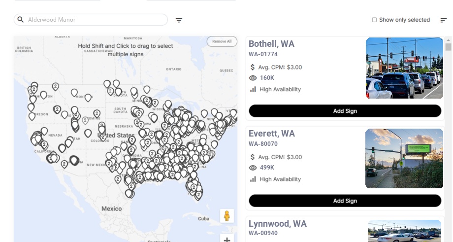 Billboard advertising in Alderwood Manor Wa, Washington - Choose your favorite location