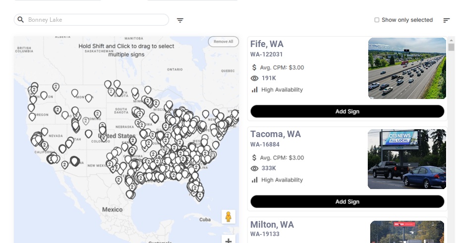 Billboard advertising in Bonney Lake Wa, Washington - Choose your favorite location