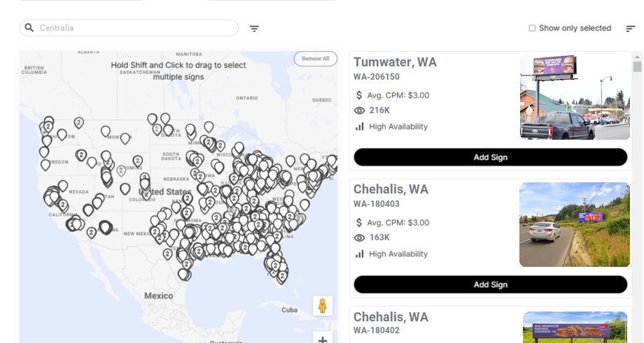 Billboard advertising in Centralia Wa, Washington - Choose your favorite location