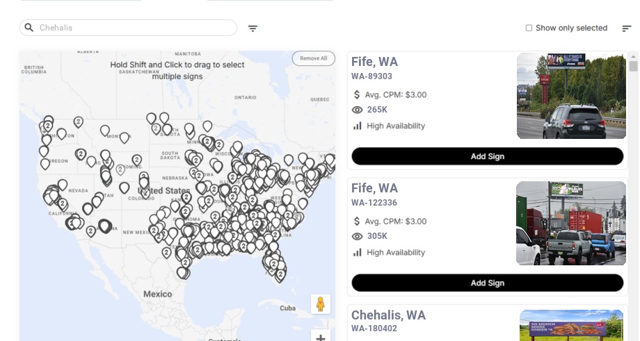 Billboard advertising in Chehalis Wa, Washington - Choose your favorite location