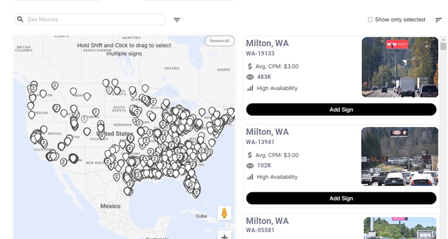 Billboard advertising in Des Moines Wa, Washington - Choose your favorite location