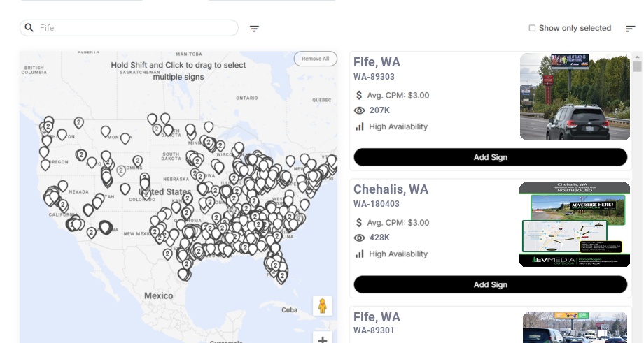Billboard advertising in Fife, Washington - Choose your favorite location