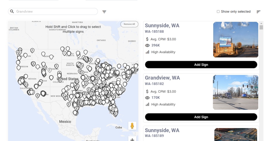 Billboard advertising in Grandview Wa, Washington - Choose your favorite location
