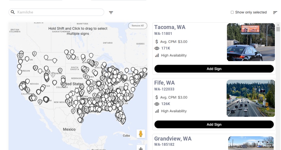 Billboard advertising in Kamilche Wa, Washington - Choose your favorite location