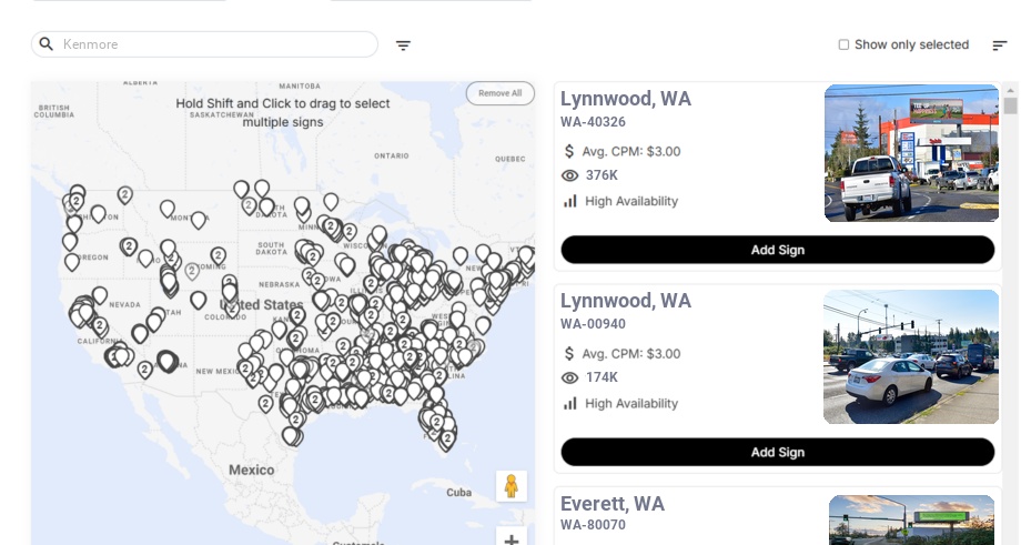 Billboard advertising in Kenmore, Washington - Choose your favorite location