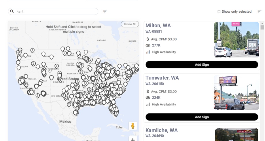 Billboard advertising in Kent Wa, Washington - Choose your favorite location