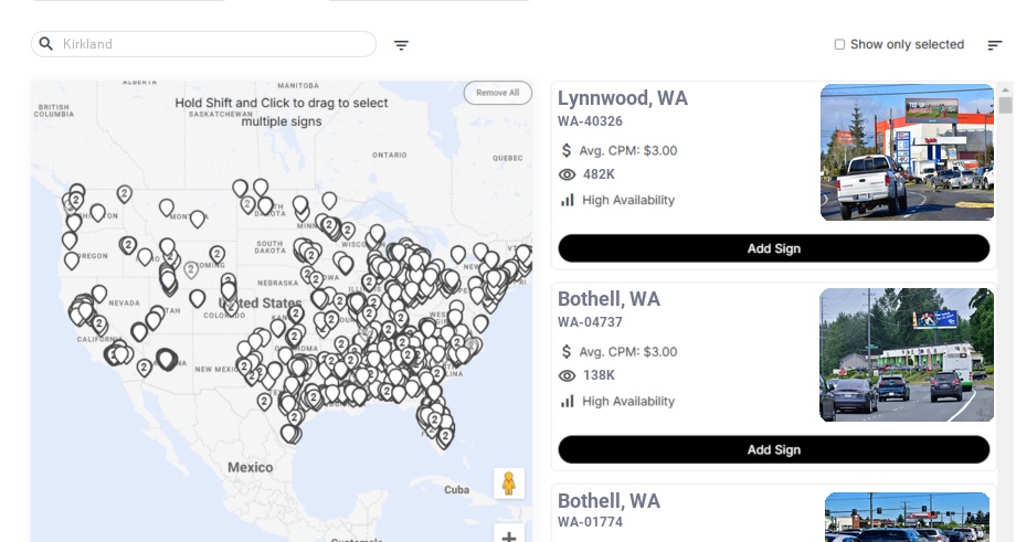 Billboard advertising in Kirkland Wa, Washington - Choose your favorite location