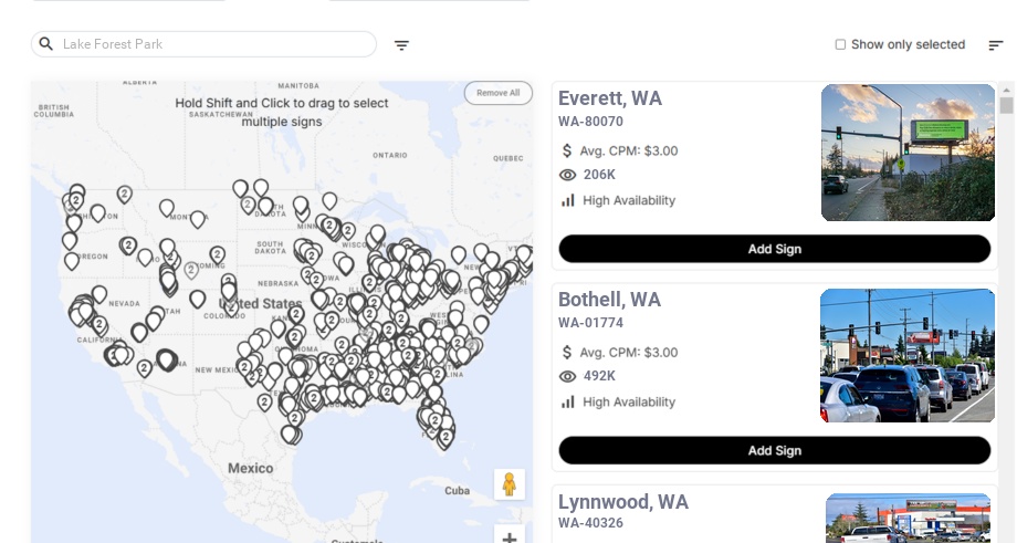 Billboard advertising in Lake Forest Park Wa, Washington - Choose your favorite location