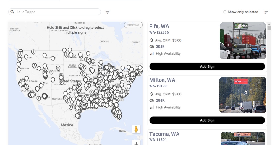 Billboard advertising in Lake Tapps Wa, Washington - Choose your favorite location