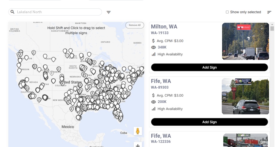 Billboard advertising in Lakeland North Wa, Washington - Choose your favorite location