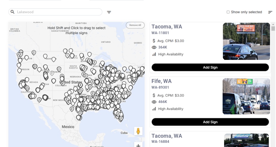 Billboard advertising in Lakewood Wa, Washington - Choose your favorite location