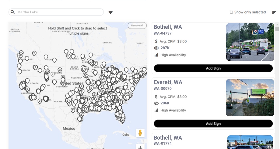 Billboard advertising in Martha Lake Wa, Washington - Choose your favorite location