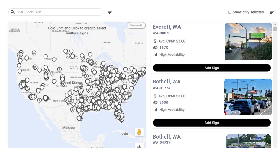 Billboard advertising in Mill Creek East Wa, Washington - Choose your favorite location